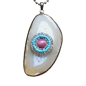 Elegant Agate Geode Slice with Seed Beads & Crystal Accents Pendant ONLY